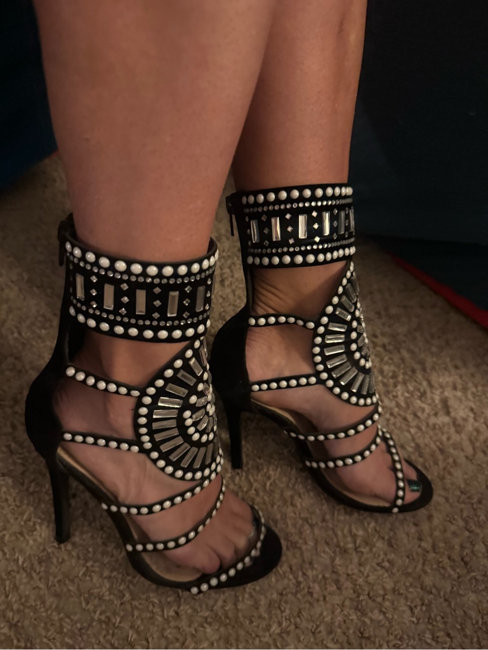Black Embellished Pearl & Rhinestone Gladiator Heels | Never Worn